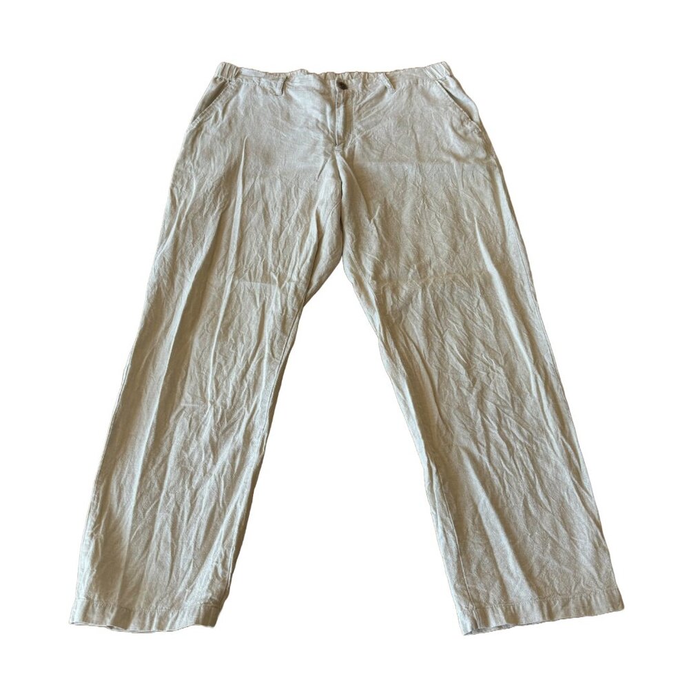 Beige Uniqlo Linen Cotton Blend Straight Leg Pants Stretchy High Waist Trousers